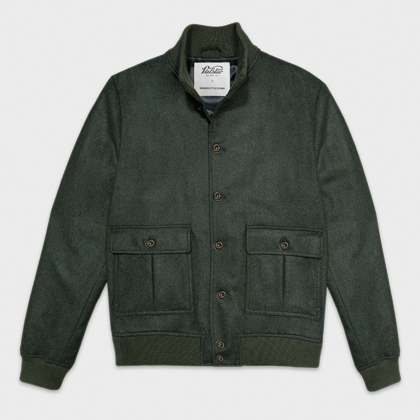 Loden Green Valstarino Jacket Valstar x Wools Boutique Uomo Geneva. Shop now the green lwool bomber jacket men Valstarino made with flannel wool fabric Marling & Evans exclusive for Wools Boutique Uomo Geneva