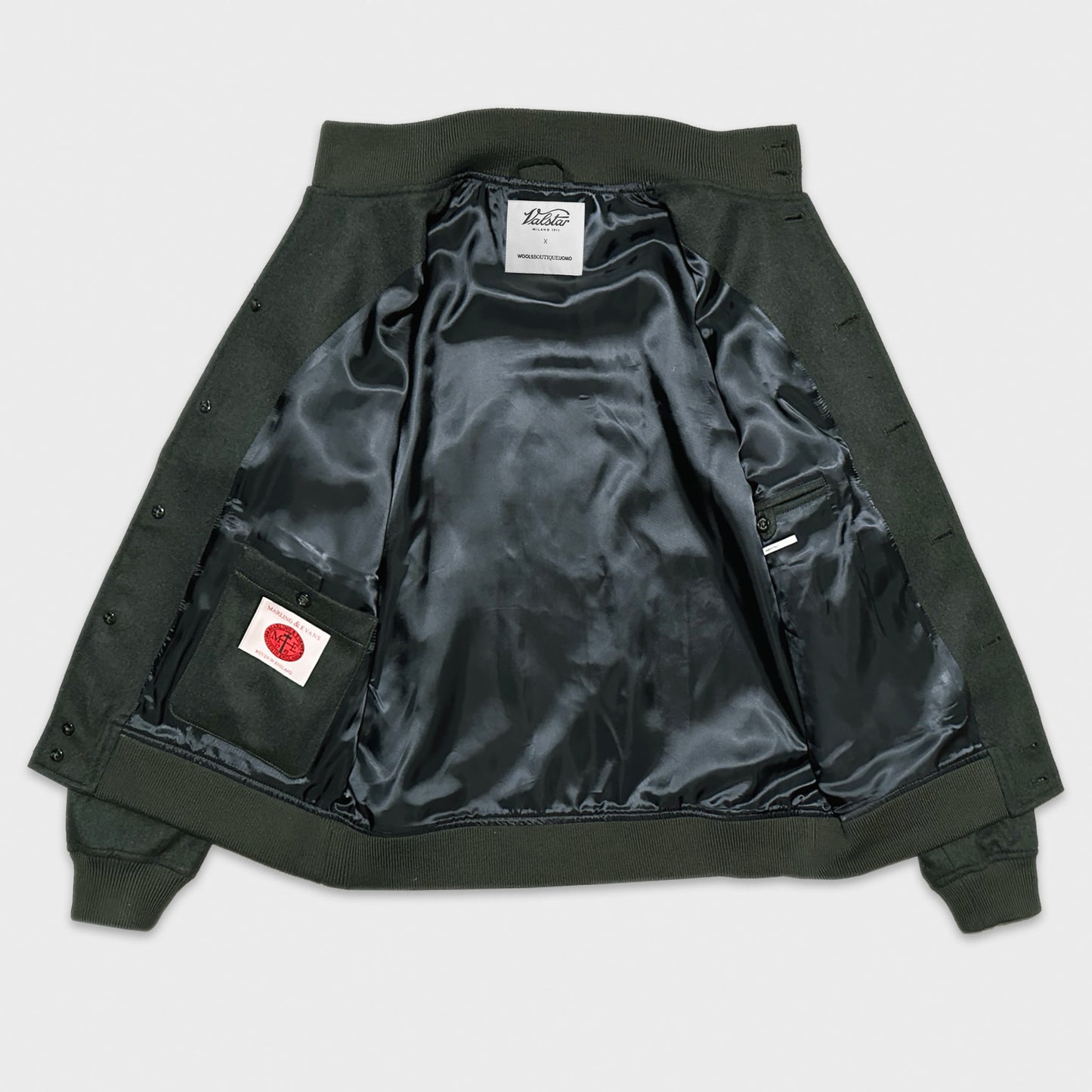 Shop now the green lwool bomber jacket men Valstarino made with flannel wool fabric Marling & Evans exclusive for Wools Boutique Uomo Geneva