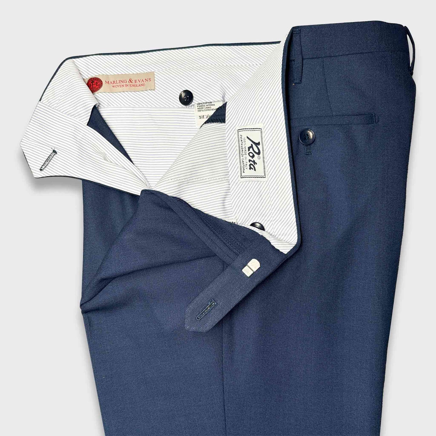 Cobalt Blue Hopsack Classic Wool Trousers Marling & Evans. Men's elegant cobalt blue Rota trousers double pleated hand made in Italy exclusive for Wool Boutique Uomo Genève with Marling & Evans hopsack wool fabric