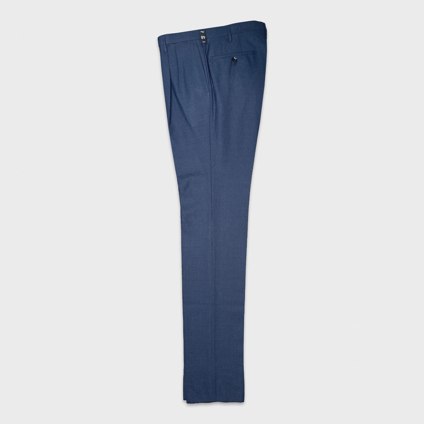 Men's elegant cobalt blue Rota trousers double pleated hand made in Italy exclusive for Wool Boutique Uomo Genève with Marling & Evans hopsack wool fabric
