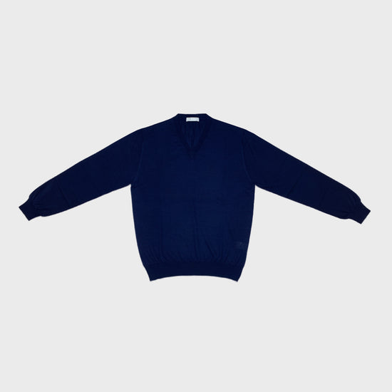 Cruciani Men's V-neck Sweater Cashmere & Silk Marino Blue-Wools Boutique Uomo