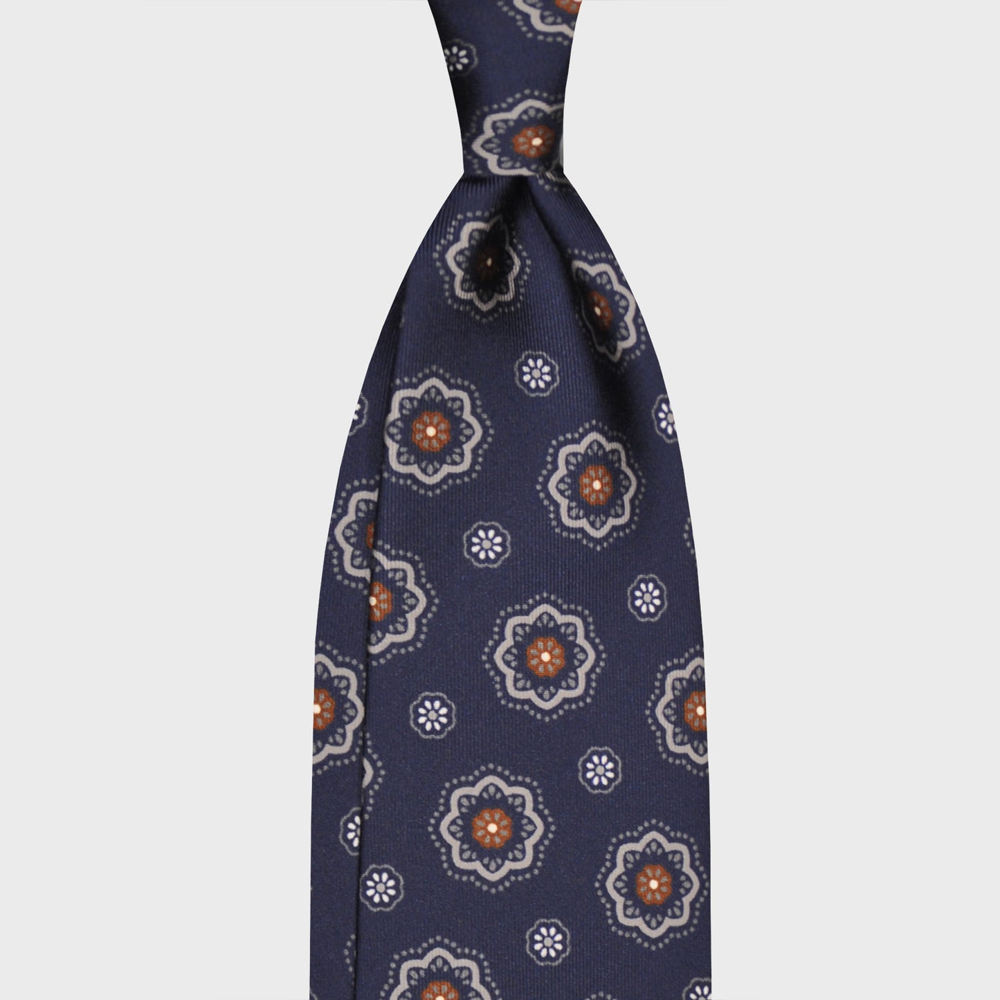 F.Marino Silk Tie 3 Folds Medallions Daisy Navy Blue-Wools Boutique Uomo