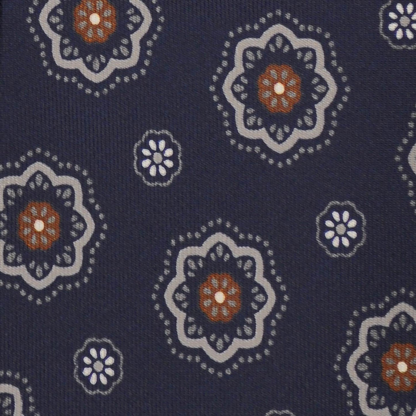 F.Marino Silk Tie 3 Folds Medallions Daisy Navy Blue-Wools Boutique Uomo