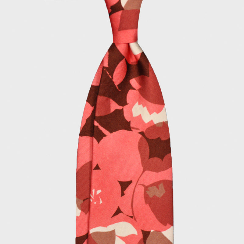 F.Marino Silk Tie 3 Folds Leaves Nature Pattern Pink-Wools Boutique Uomo