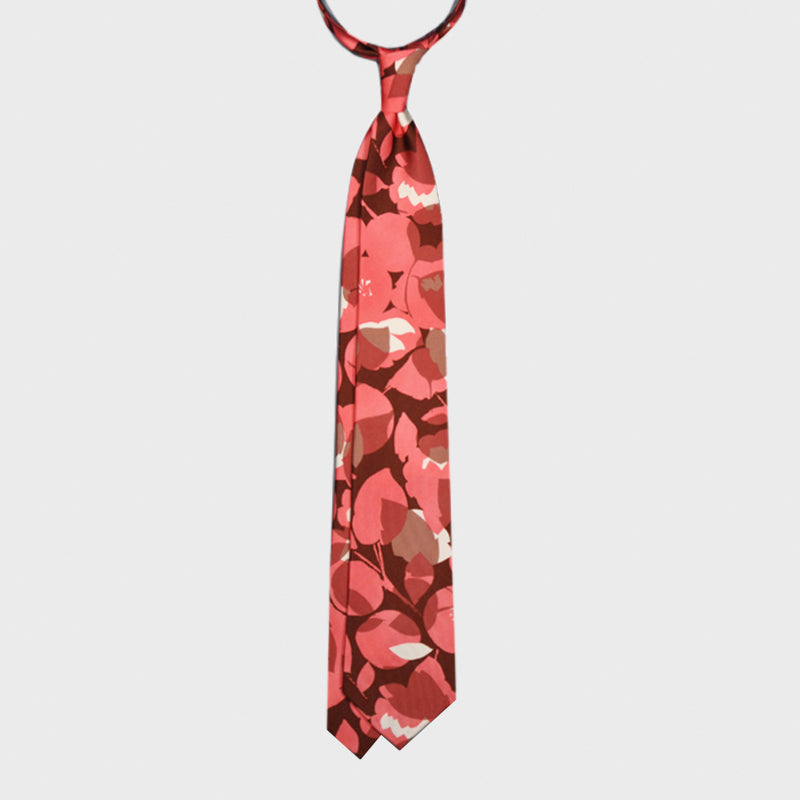 F.Marino Silk Tie 3 Folds Leaves Nature Pattern Pink-Wools Boutique Uomo