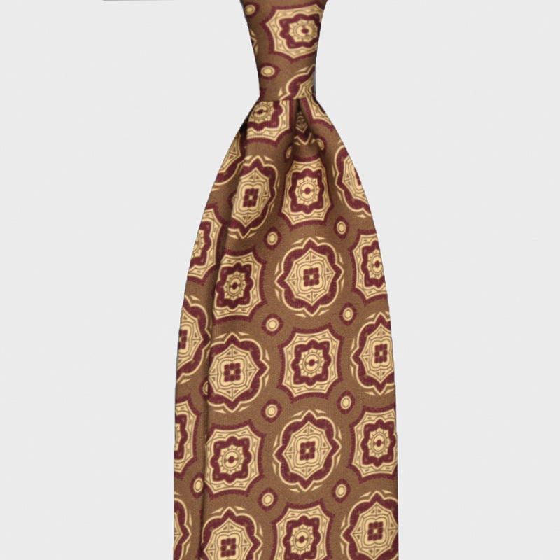 Caramel Brown Silk Tie Unlined Handmade Medallions F.Marino Napoli
