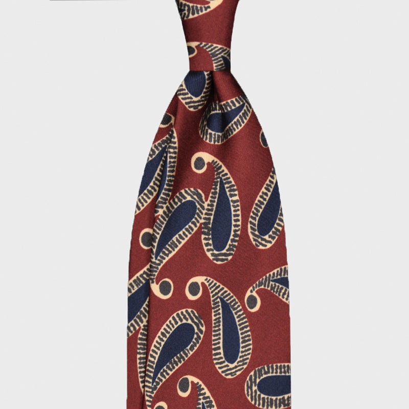F.Marino Paisley Sketch Print Silk Tie 3 Folds Bordeaux-Wools Boutique Uomo