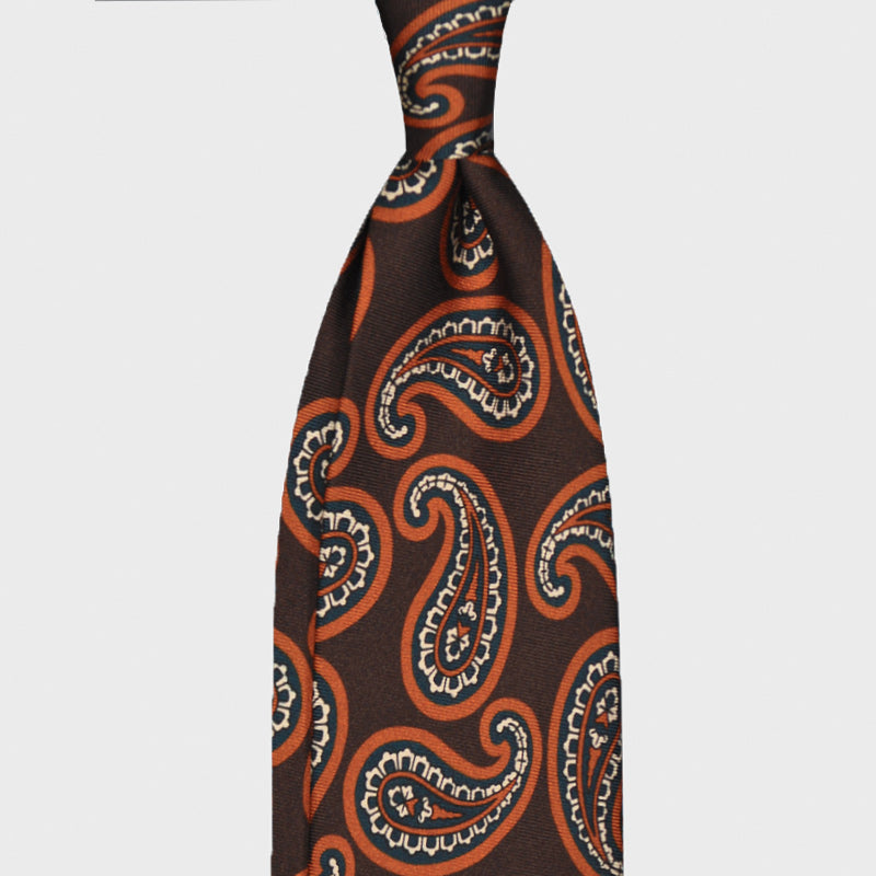 F.Marino Silk Tie 3 Folds Paisley Cacao Brown-Wools Boutique Uomo