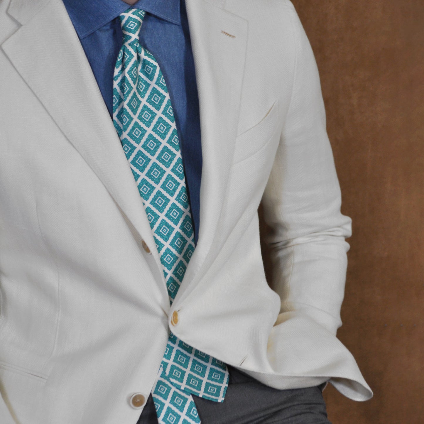 F.Marino Silk Tie 3 Folds Ornamental Rhombus Aquamarine-Wools Boutique Uomo