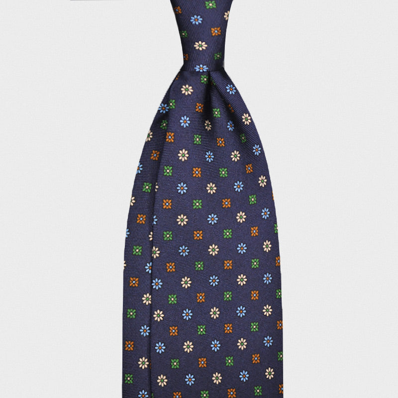 F.Marino Handmade 7-Folds Silk Tie Micro Flowers Navy Blue-Wools Boutique Uomo