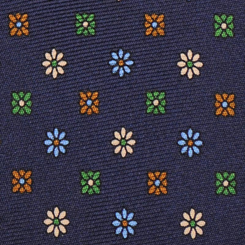 F.Marino Handmade 7-Folds Silk Tie Micro Flowers Navy Blue-Wools Boutique Uomo