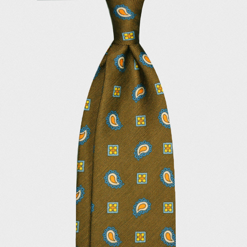 F.Marino Handmade Linen Silk Tie 3-Fold Paisley Green Mud-Wools Boutique Uomo