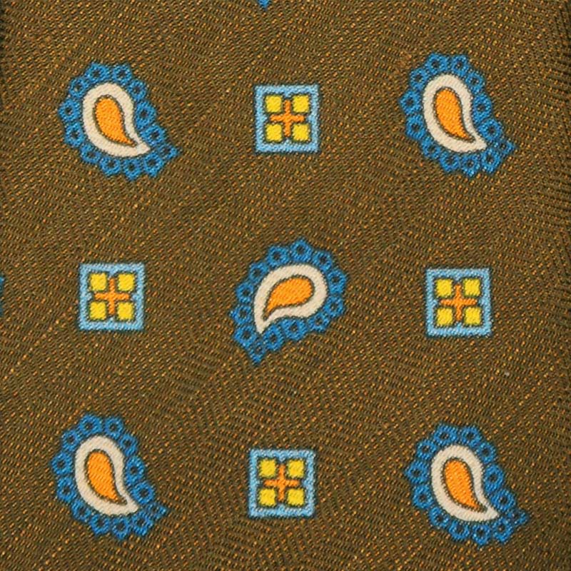 F.Marino Handmade Linen Silk Tie 3-Fold Paisley Green Mud-Wools Boutique Uomo