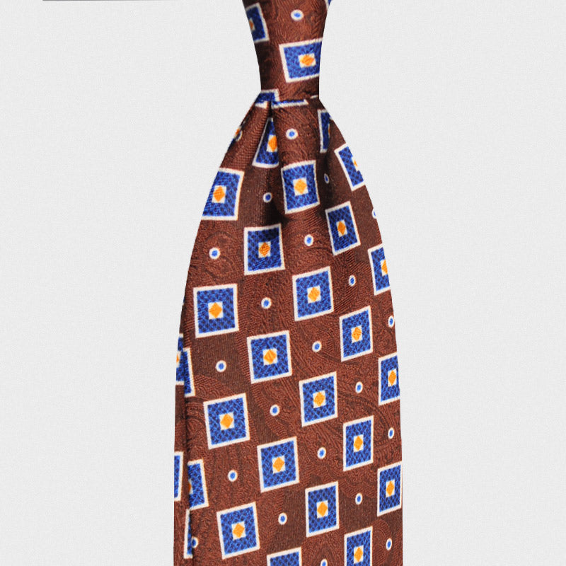 F.Marino Handmade Silk Tie Brown Damask Paisley Blu Squares-Wools Boutique Uomo