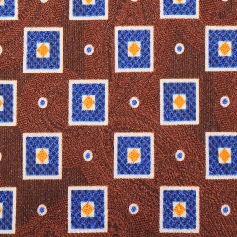 F.Marino Handmade Silk Tie Brown Damask Paisley Blu Squares-Wools Boutique Uomo