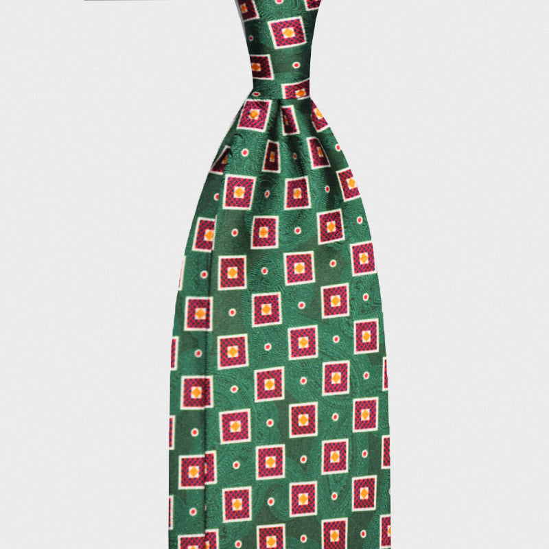 F.Marino Handmade Silk Tie Green Damask Paisley Magenta Squares-Wools Boutique Uomo