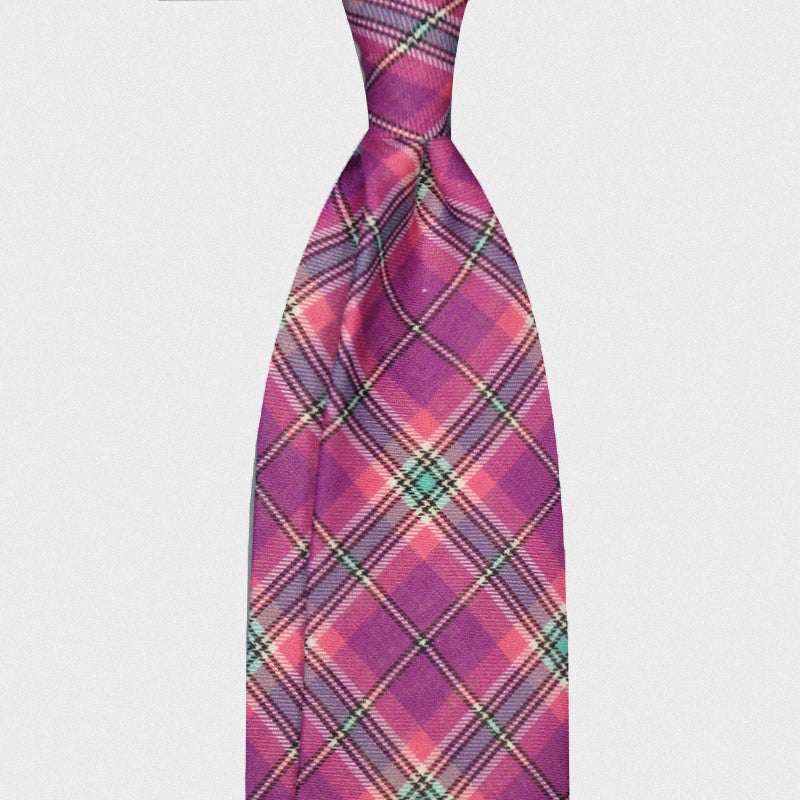 F.Marino Handmade Tie Linen Silk 3-Fold Tartan Magenta-Wools Boutique Uomo
