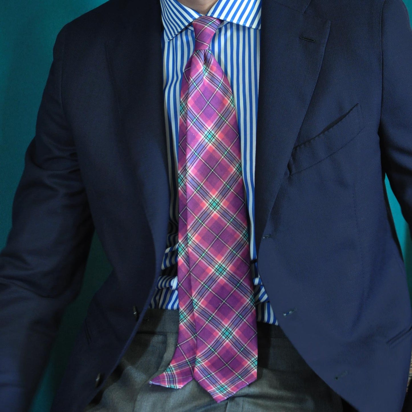 F.Marino Handmade Tie Linen Silk 3-Fold Tartan Magenta-Wools Boutique Uomo