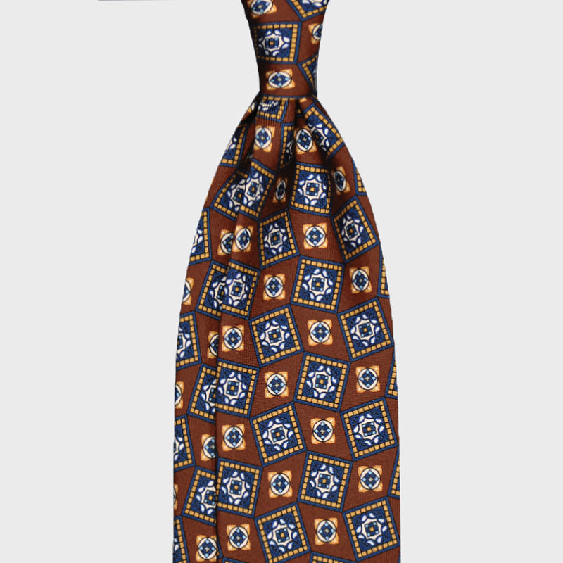 F.Marino Handmade 3 Folds Silk Tie Medallions Brown-Wools Boutique Uomo