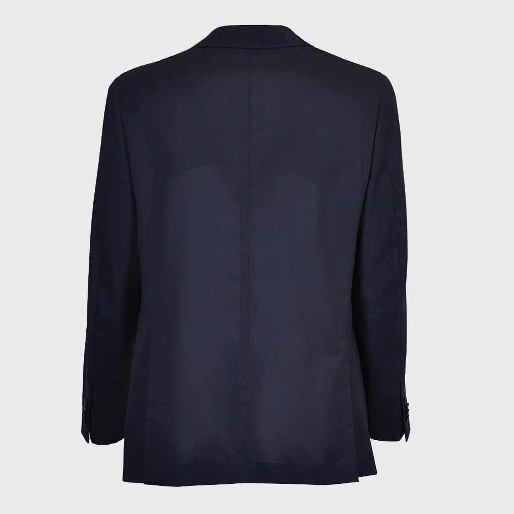 Classic navy blue men suit made in Italy by Caruso for Wools Boutique Uomo Geneva, made with 100% hopsack wool 130's ideal for spring summer seasons.