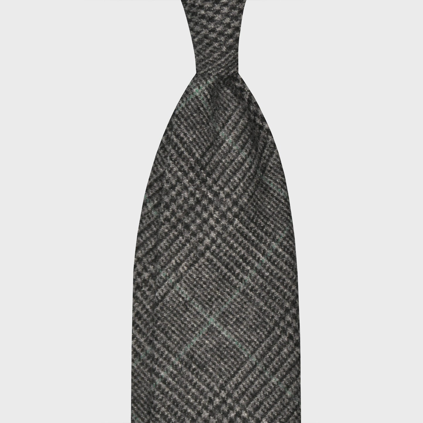 Anthracite Grey Glen Check Wool Tie Unlined F.Marino Napoli. Glen check wool, handmade unlined tie, f marino napoli for Wools Boutique Uomo, anthracite and light grey Prince of Wales pattern, teal green micro windowpane pattern
