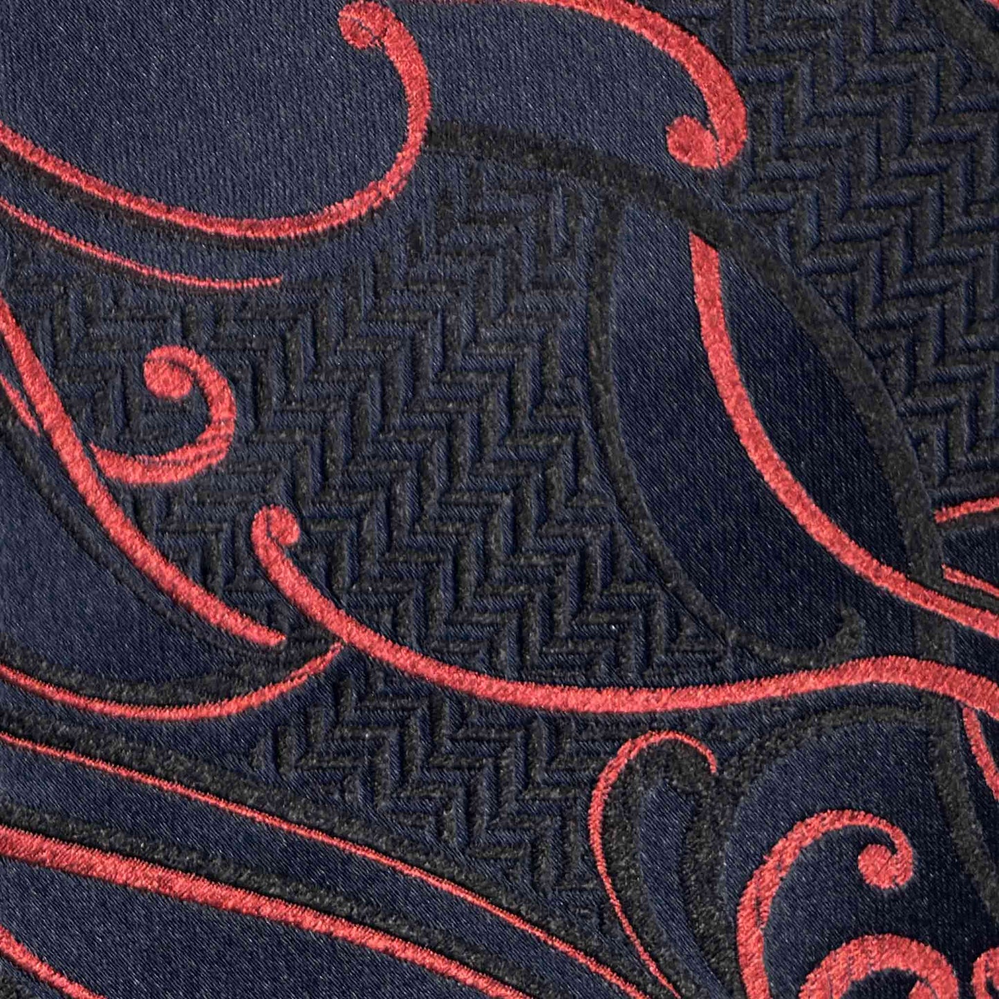 Art Nouveau ornamental botanical pattern silk tie navy blue coral red detail.
