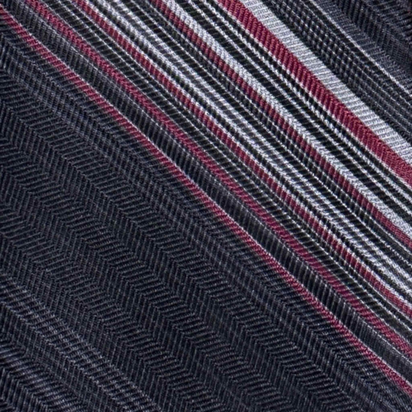 Detail of black silk tie herringbone weave with burgundy grey white stripes Wools Boutique Uomo