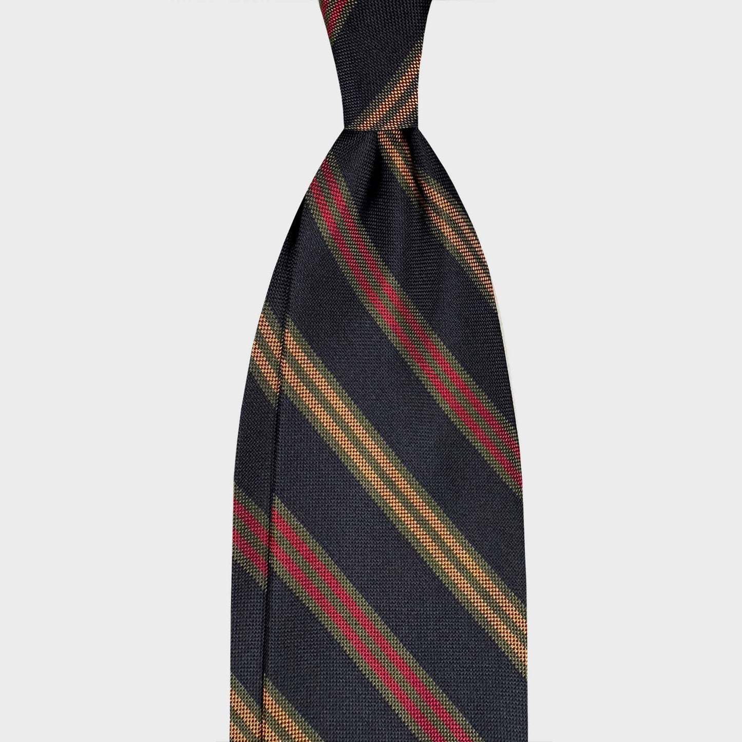 Black silk regimental tie loden green red ochre stripe panama texture Wools Boutique Uomo Geneva