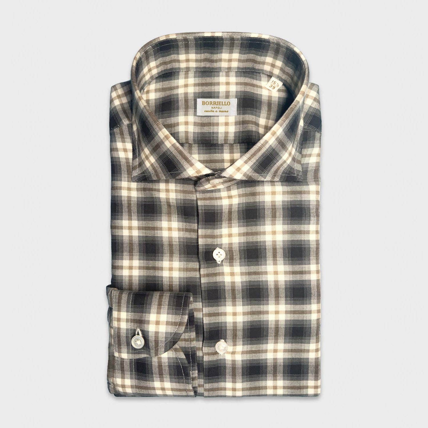 Black White Brushed Cotton Flannel Tartan Shirt Hand Made in Italy. Soft brushed cotton flannel with a classic tartan check black and white. Made with finest and softest Italian cotton flannel, handmade in Italy by Borriello Napoli exclusively for Wools Boutique Uomo. Soft finish and a silky touch, making it comfortable to wear in the mid-seasons and in winter, ideal for sporty elegant outfits with a tie or sweater.