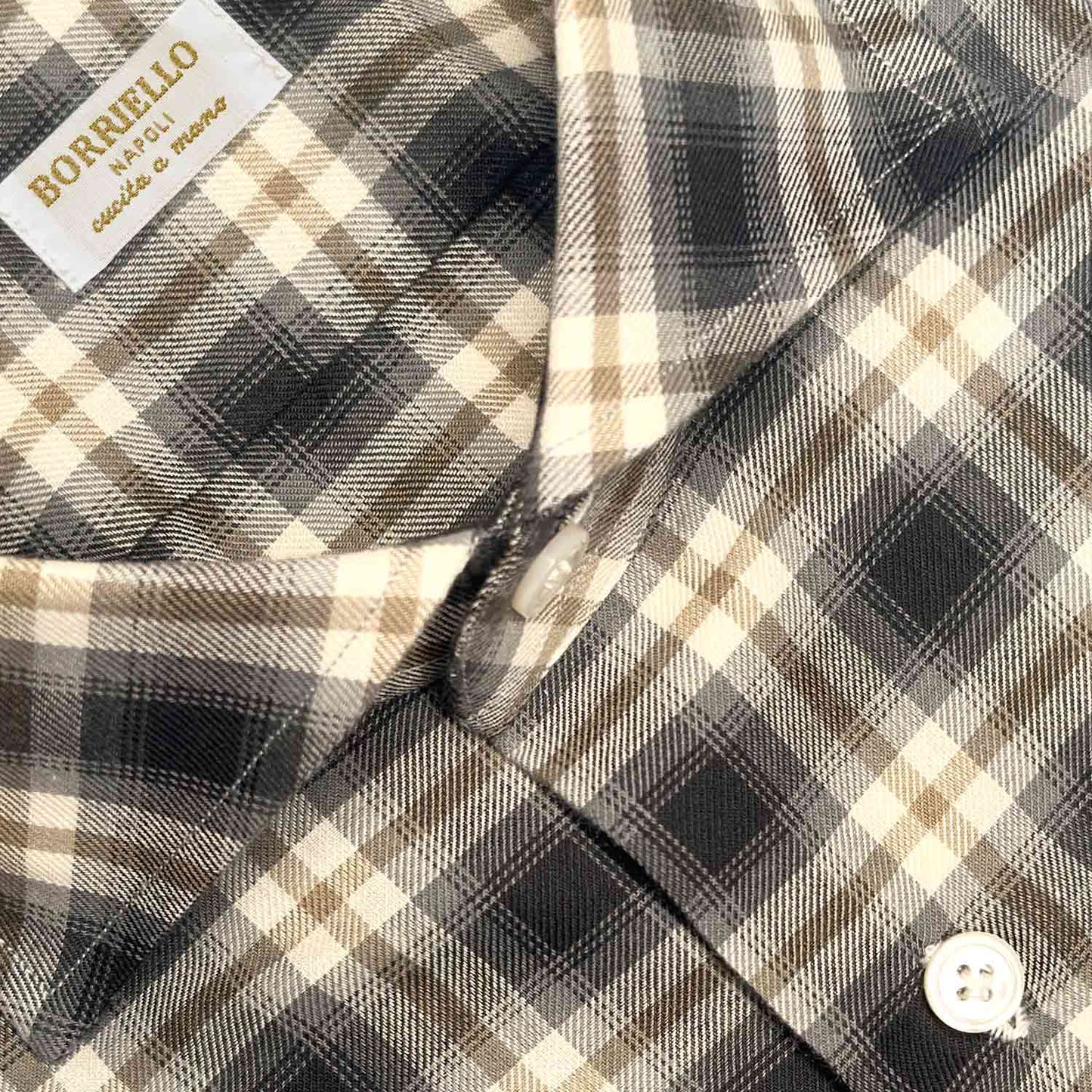 Black White Brushed Cotton Flannel Tartan Shirt Hand Made in Italy