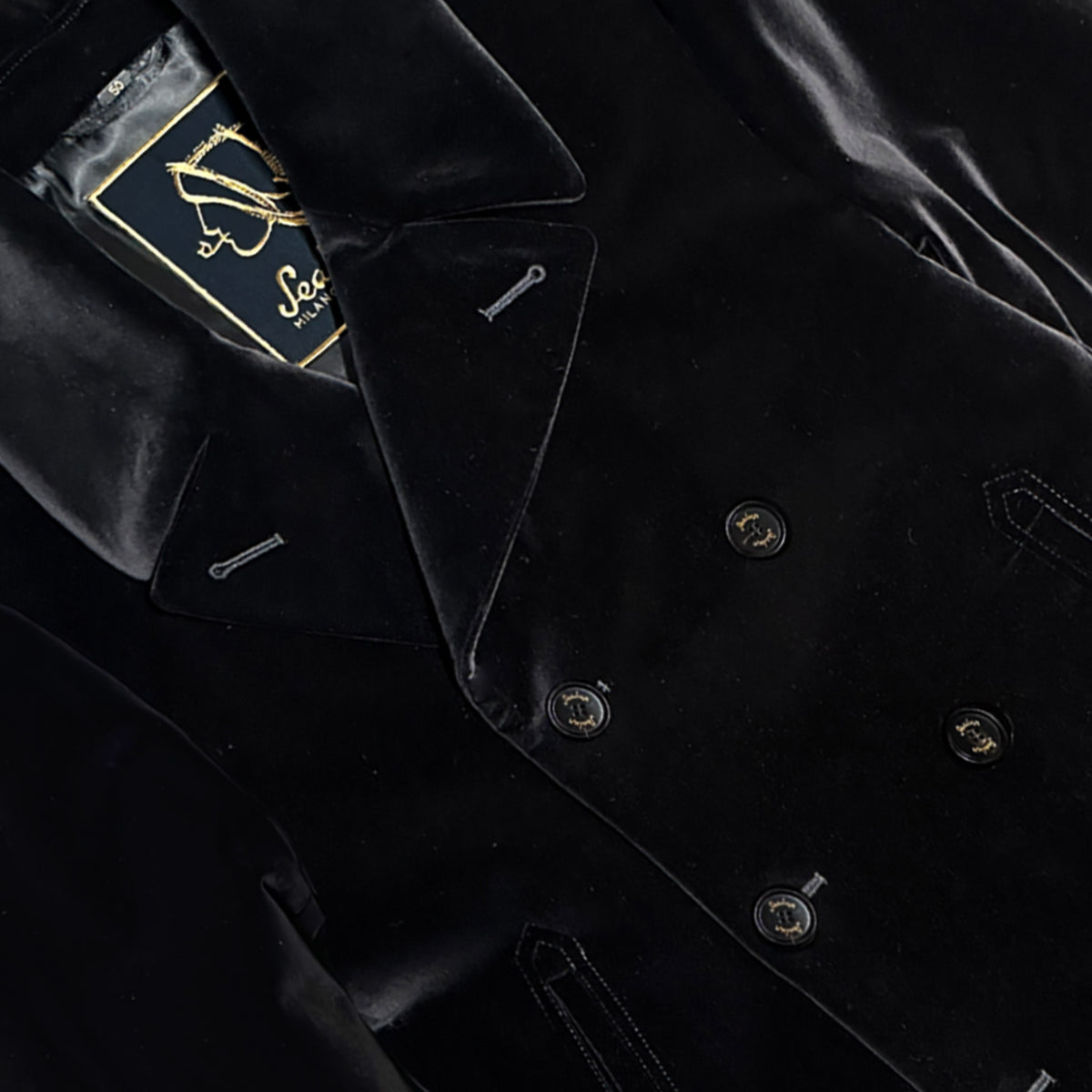 Sealup black velvet peacoat wide lapels and logo horn buttons detail