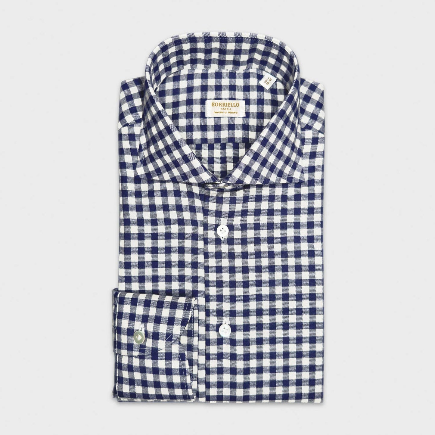 Cobalt Blue Cotton Flannel Checked Shirt Borriello Napoli. Classic checked shirt made with a finest and soft Italian flannel cotton, soft finish and silky touch, comfortable to wear in the middle seasons and in winter in your classic or sporty outfit.