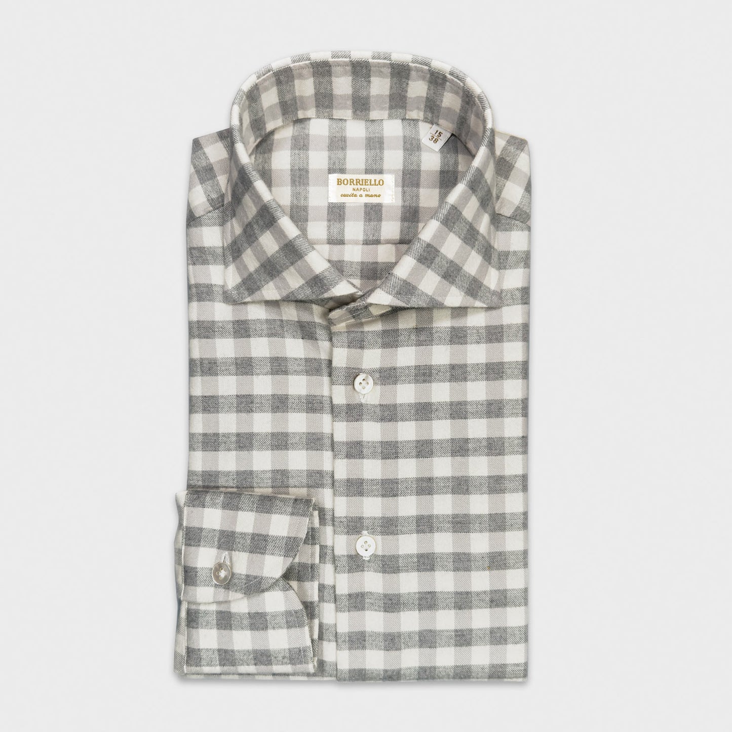 Greige Cotton Flannel Checked Shirt Borriello Napoli. Classic checked shirt made with a finest and soft Italian flannel cotton, soft finish and silky touch, comfortable to wear in the middle seasons and in winter in your classic or sporty outfit.