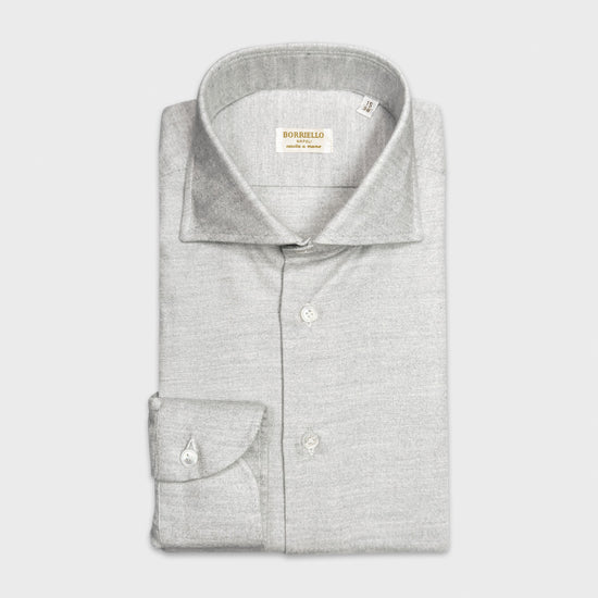 Cotton Cashmere Shirt Borriello Napoli. Finest cotton cashmere shirt, soft finish and silky touch, ideal to wear in the middle seasons and in winter, mother of pearl buttons, ice grey color, collar with splints removable.