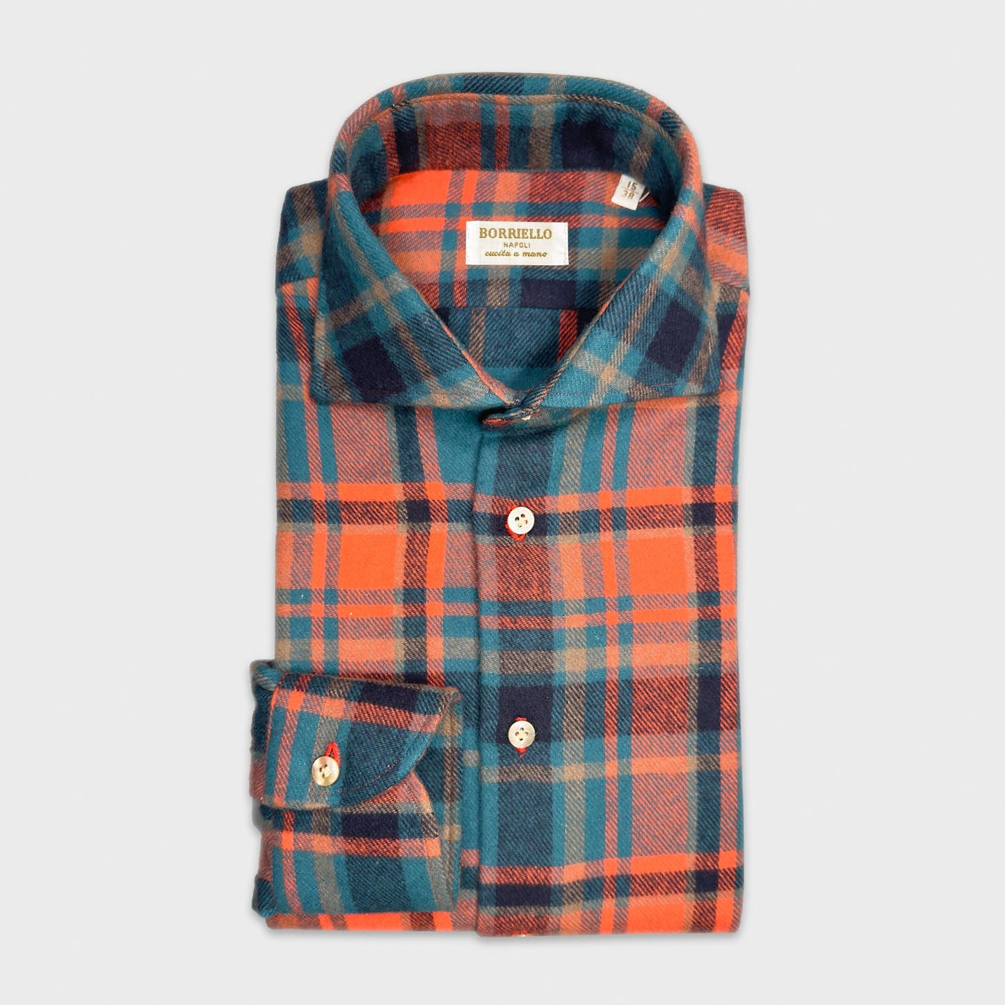 Orange Cotton Flannel Plaid Shirt Borriello Napoli. Casual plaid shirt made with a finest and soft Italian flannel cotton, soft finish and silky touch, comfortable to wear in the middle seasons and in winter in your classic or sporty outfit.