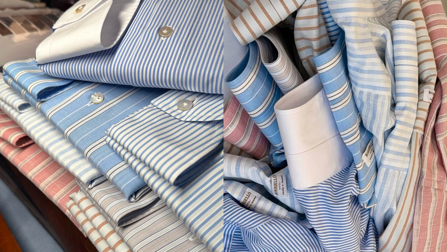 Handmade in Italy by Borriello Napoli exclusively for Wools Boutique Uomo in Geneva, this shirt is part of a carefully curated sartorial selection where fabrics, collar proportions, construction details and timeless business elegance are chosen to offer a contemporary interpretation of classic gentleman dressing.