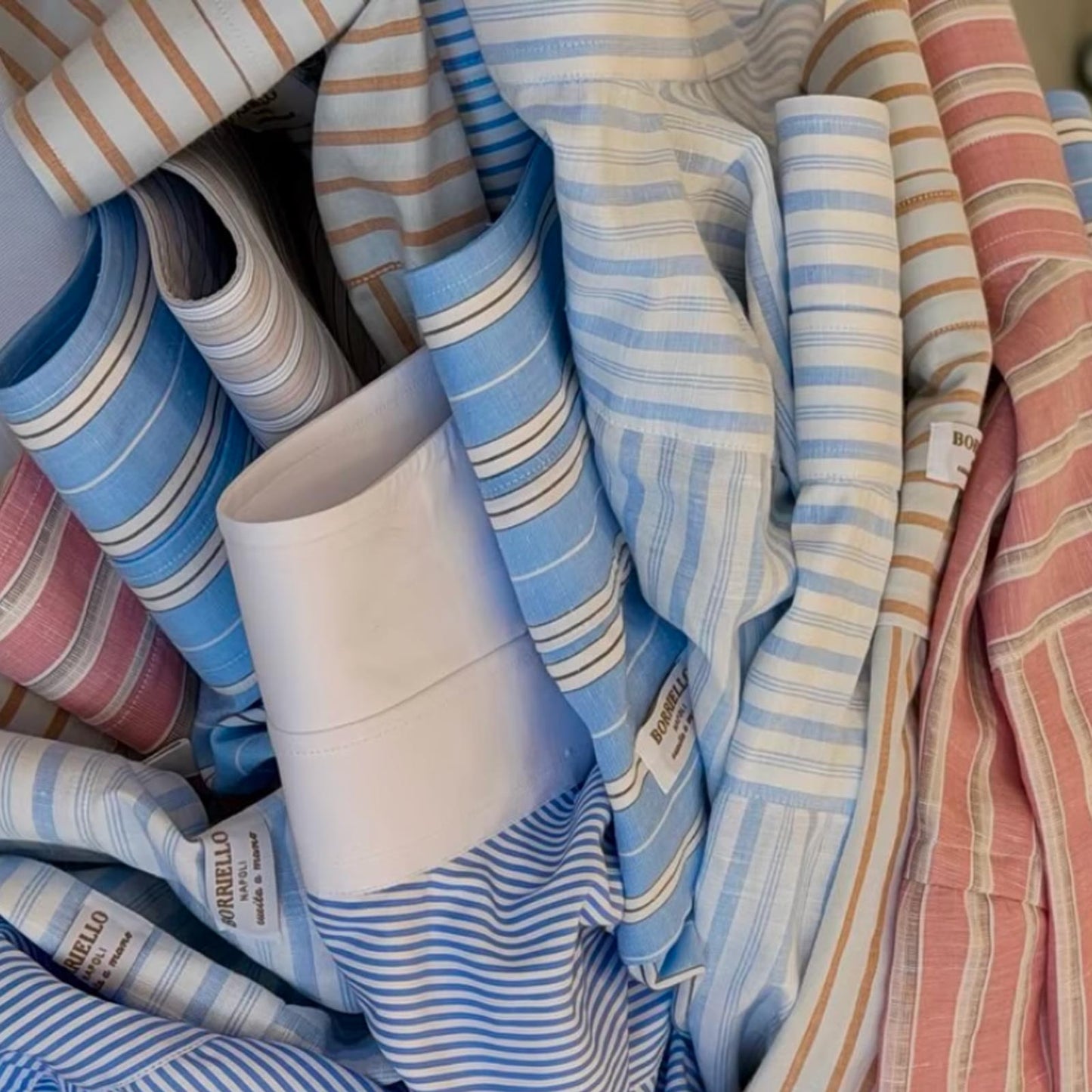 Handmade in Italy by Borriello Napoli exclusively for Wools Boutique Uomo in Geneva, this shirt is part of a carefully curated sartorial selection where fabrics, textures and refined colour combinations are chosen to offer a contemporary interpretation of elegant summer menswear.