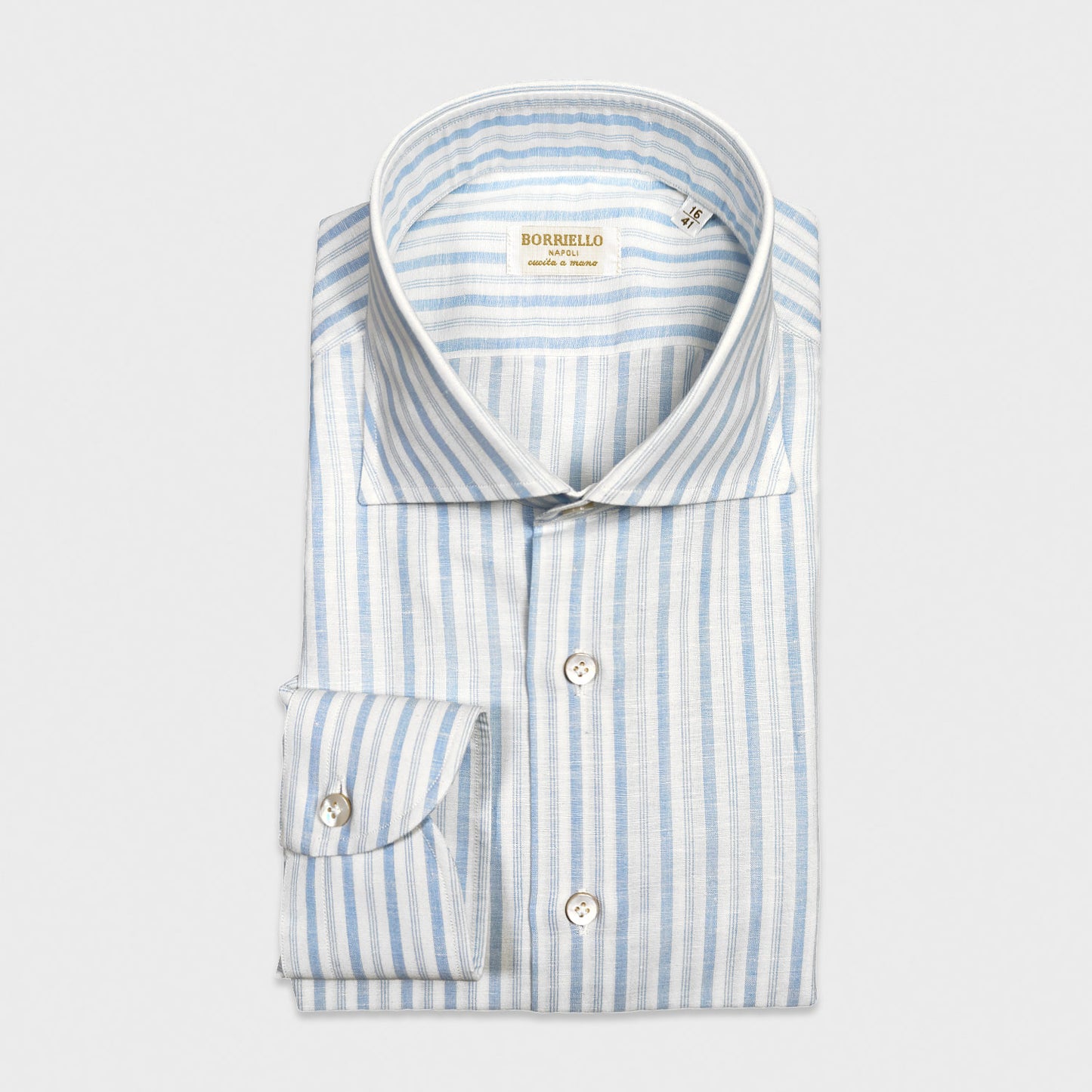 Light Blue Cotton Linen Multi Striped Shirt Handmade in Italy. Refined cotton linen multi striped shirt in light blue and white. Handcrafted in Italy by Borriello Napoli for Wools Boutique Uomo Geneva.