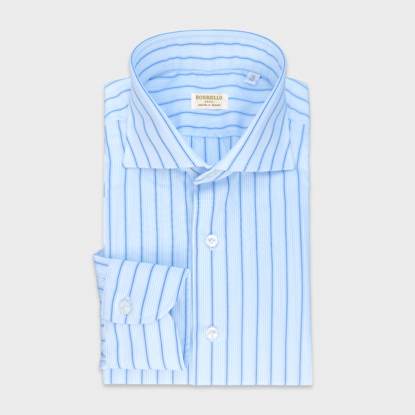 Classic Men's Multi Striped Shirt Poplin Cotton Hand Made in Italy. Elegant men's popeline cotton shirt, multi striped light blue color, ideal for classic outfit, discover in Wools Boutique Uomo men's shirts store in geneva