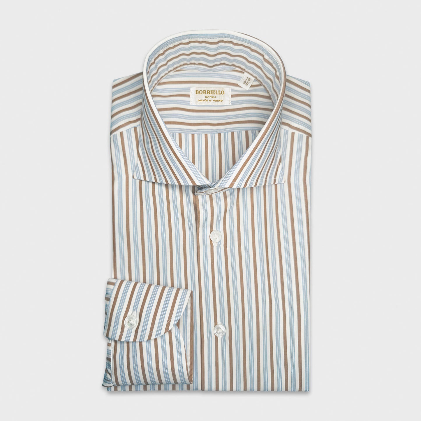 Elegant Multi Striped Shirt Poplin Cotton Hand Made Borriello. Formal multi striped shirt, made with 70/1 soft poplin cotton, classic poplin multi striped shirt Borriello Napoli exclusive for Wools Boutique Uomo Genève