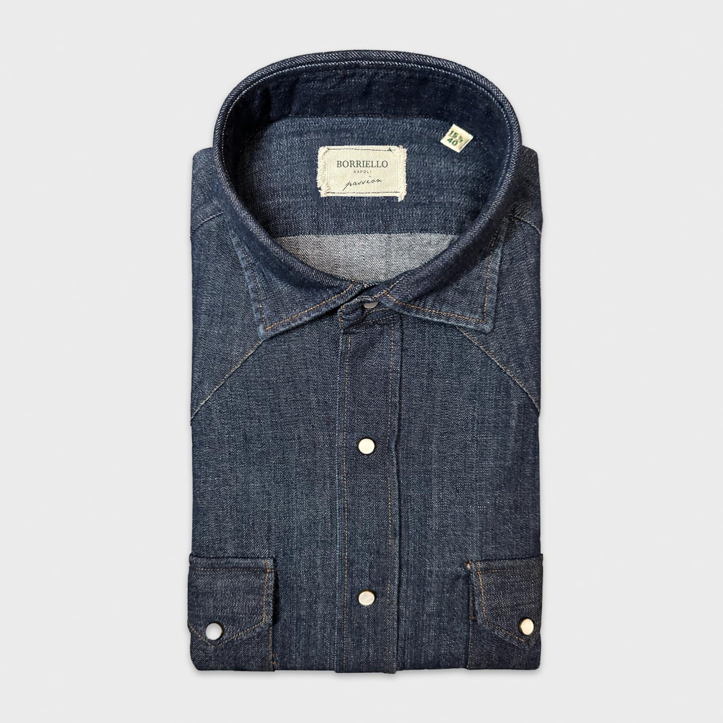Indigo Blue Western Denim Shirt Borriello Napoli. Western shirt made in Italy by Borriello Napoli, made with soft denim fabric ideal for a comfortable and resistant taxana shirts, shoulder patches and pearly snap buttons, dark indigo blue color