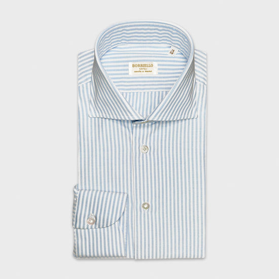 Striped Cotton Oxford Shirt Borriello Napoli. Classic handmade shirt ideal for the office and for more formal occasions, made in soft and refined oxford cotton double twisted, striped formal shirt, handmade buttonholes, mother of pearl buttons.