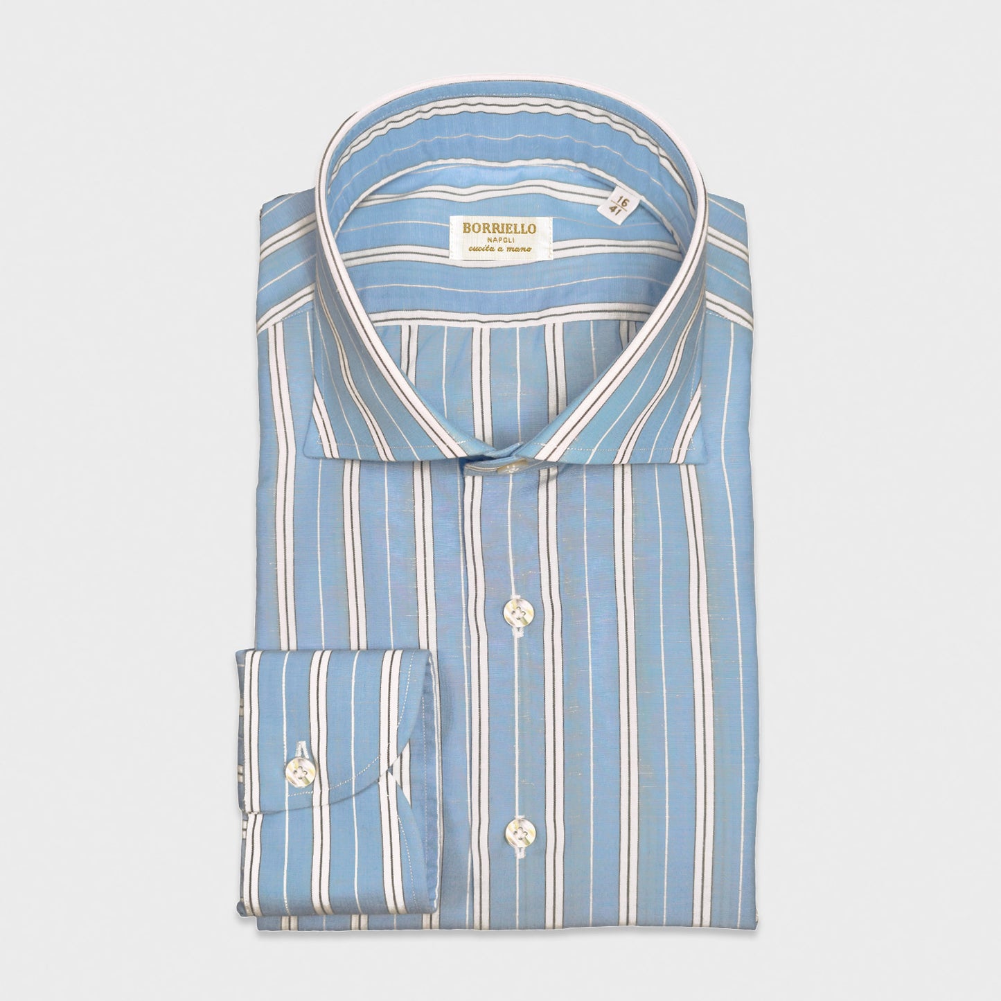 Multi Striped Tencel Shirt Sky Blue Handmade in Italy. Refined multi striped Tencel shirt in sky blue with lightweight breathable comfort. Handmade in Italy by Borriello Napoli for Wools Boutique Uomo Geneva.