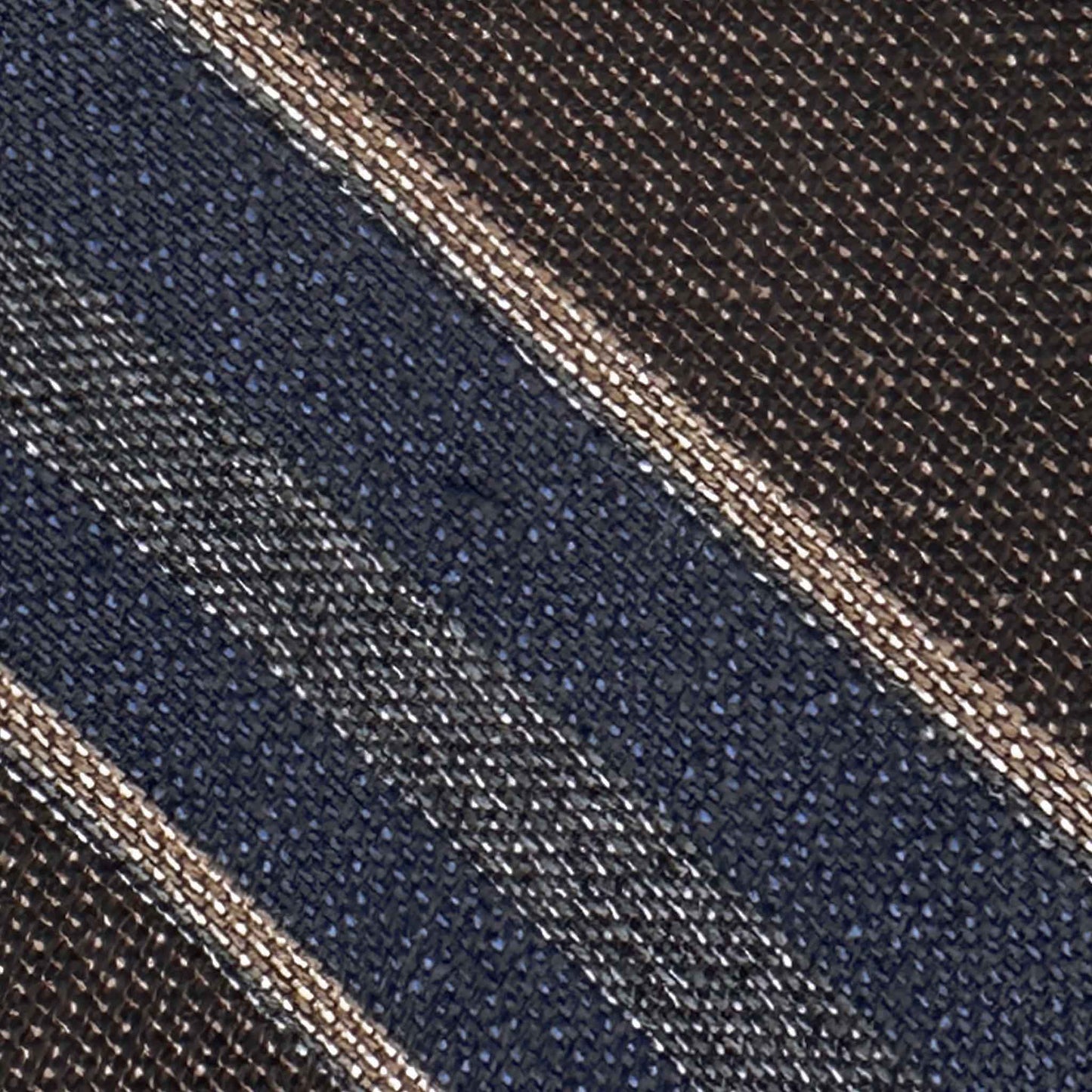 mud brown panama silk texture with denim blue ivory regimental stripe detail