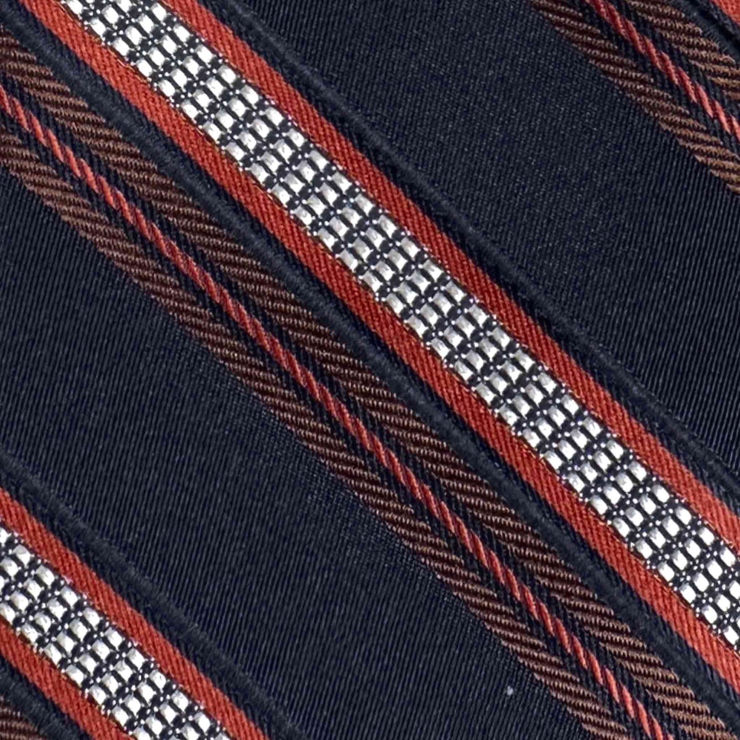 navy blue jacquard silk texture with red lobster and silver regimental stripe detail