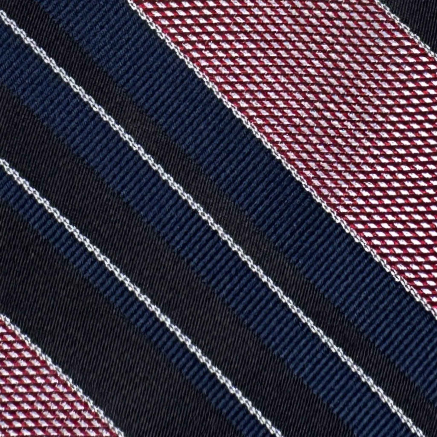 navy blue silk tie with cobalt blue and red micro jacquard regimental stripe detail