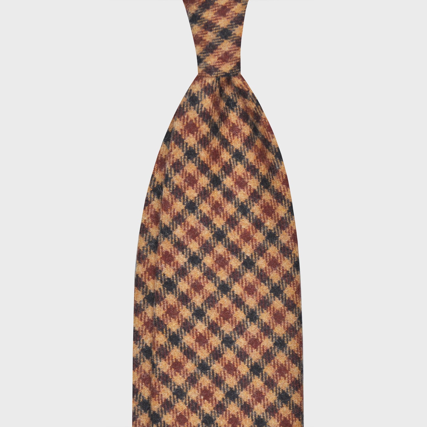 Burgundy Red Checked Flannel Wool Unlined Tie. Refined gun club flannel wool tie, handmade f marino napoli ties for Wools Boutique Uomo, checked pattern camel brown background, navy blue, burgundy red. 