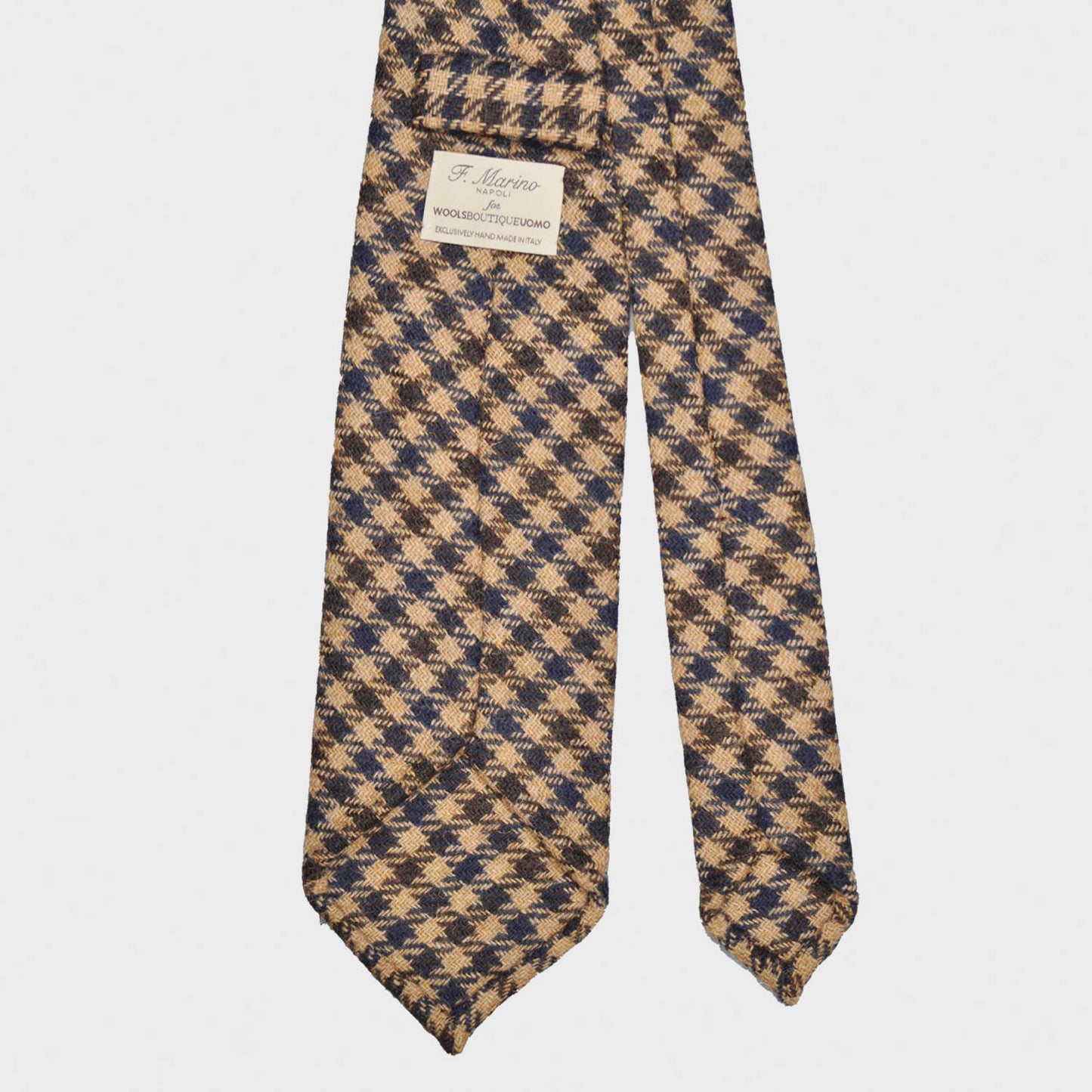 Camel Tweed Tie Classic Checked. Classic tweed tie, wool texture to the touch bristly feeling, unlined checked wool tie handmade in Italy by F.Marino Napoli exclusive for Wools Boutique Uomo