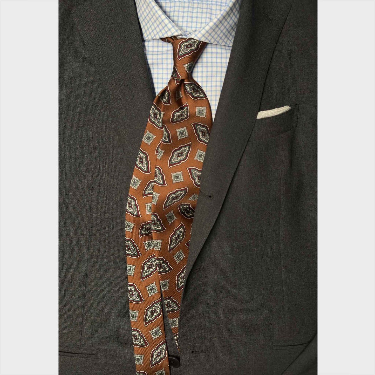 Caramel Brown Silk Tie Bold Diamonds Pattern available at Wools Boutique Uomo Geneva.
