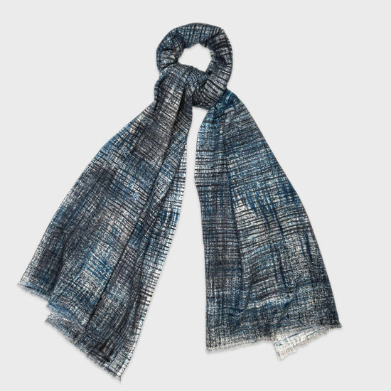 Load image into Gallery viewer, Petrol Blue Hand Painted Cashmere Scarf 19 andrea&amp;#39;s 47. Soft cashmere shawl, cool fantasy pattern hand painted scarf, petrol blue, ivory white. Ideal as a unisex scarf or cashmere shrug, made in Italy by 19 Andrea&amp;#39;s 47 for Wools Boutique Uomo
